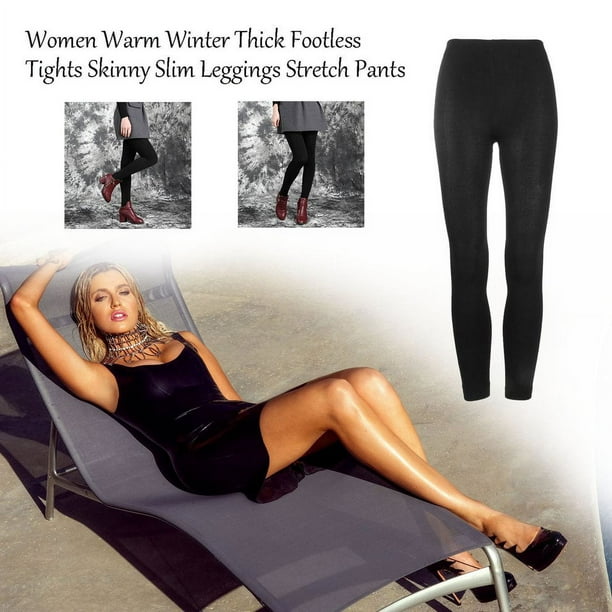 Women Warm Thick Footless Tights Skinny Slim Leggings Stretch Pants  Black,Black,Leggings