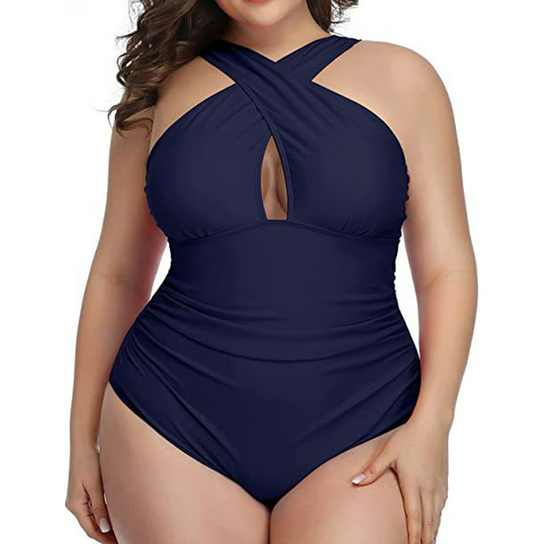Honrane Beach Monokini Plus Size Hollow Out Solid Color Tight