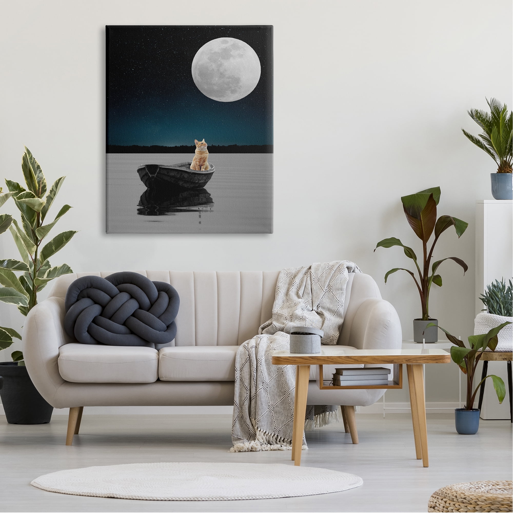 Stupell Industries Orange Cat Floating Rowboat Nighttime Moon Lake Scene , 36 x 48, Design by Atelier Posters
