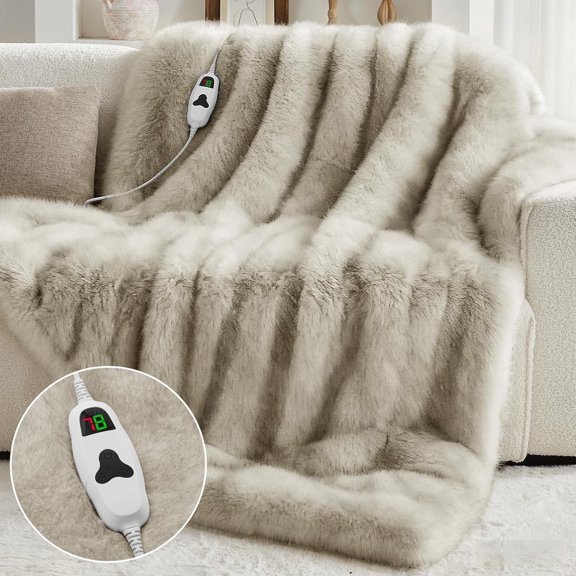 Electric Heated Blanket, 51"×61" Faux Fur Heated Blanket for Adult, Fast Heating with 4 Hours Auto Shut Off Timer, Beige & Black