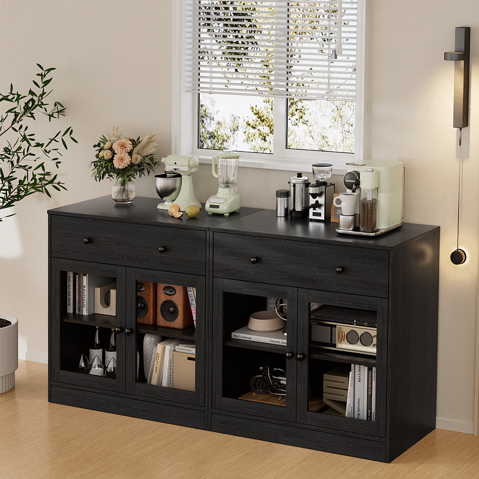 RichYa 4Pcs Kitchen Pantry Storage Cabinet,Modular Furniture Cabinets with Display Glass Doors,Hutch Buffet Cabinet with Drawers for Dining Room,Black