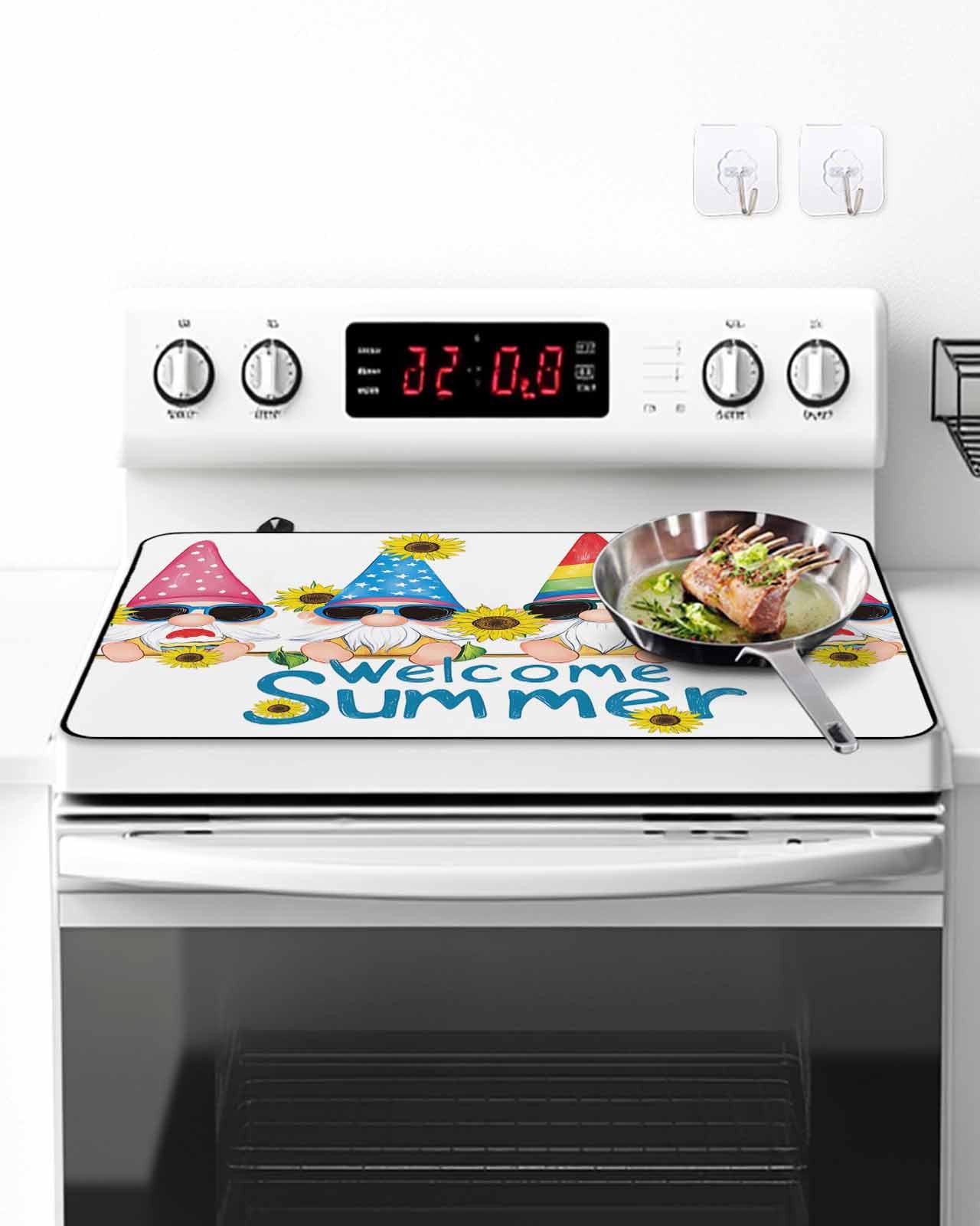 Stove Top Covers for Electric Stove 36x21 Inches, Sunflower Gnomes Heat Insulation Fireproof Glass Cooktop Protector, Summer Farmhouse Botanical Yellow Pink Countertop Stovetop Cover for Kitchen
