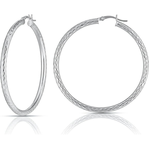 Floreo 10k White Gold 13mm x 3mm Diamond Cut Round Tube Hoop Earrings