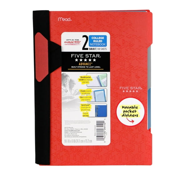 Five Star Advance Small 2-Subject Spiral Guard Notebook [College Ruled]: 6 in. x 9-1/2 in. (Red)