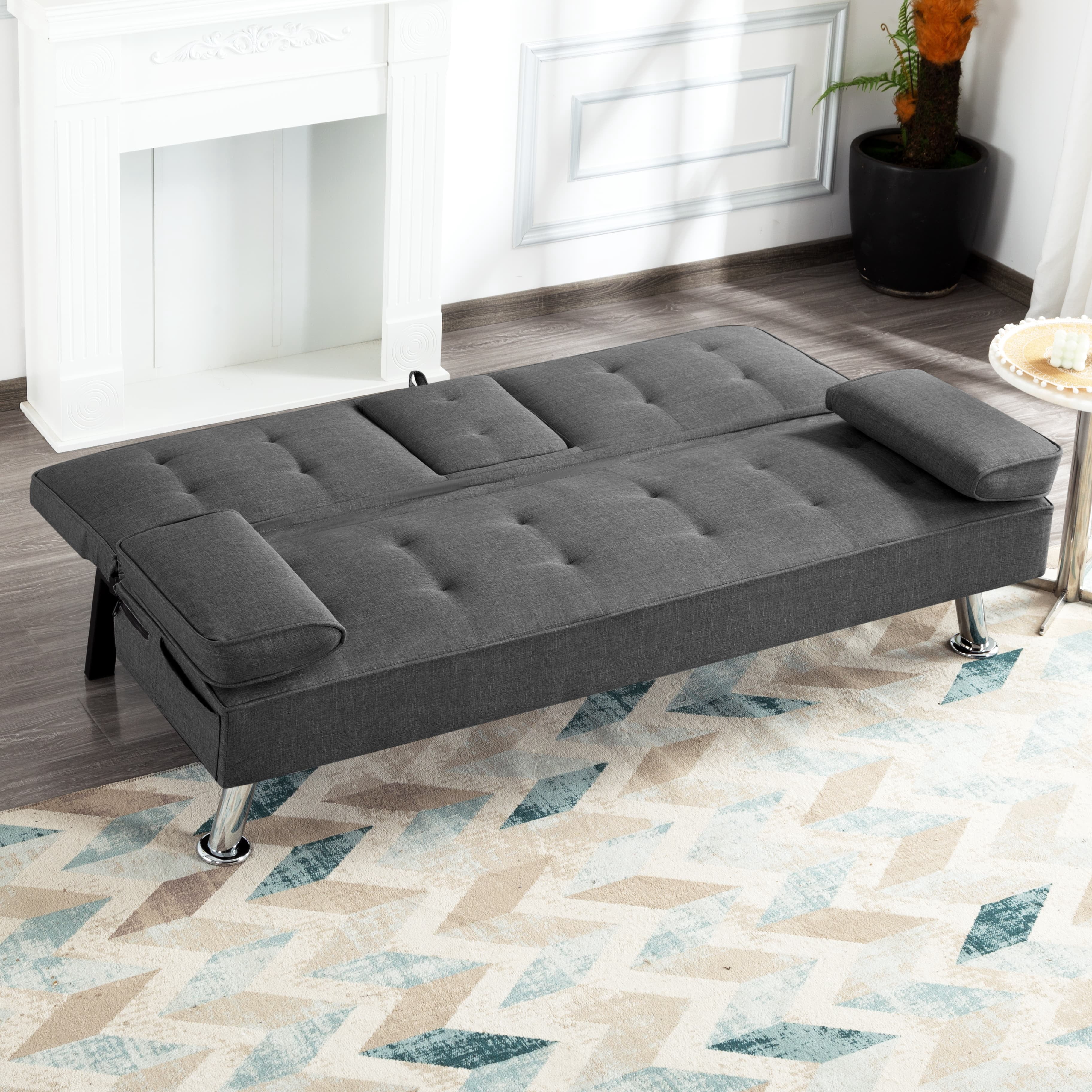 BSHTI Twin Size Futon Convertible Sleeper Sofa Bed,Polyester Upholstery,3 Angles for Adjusting Backrest with 2 Cup Holders,Removable Arm Cushions,Dark Gray