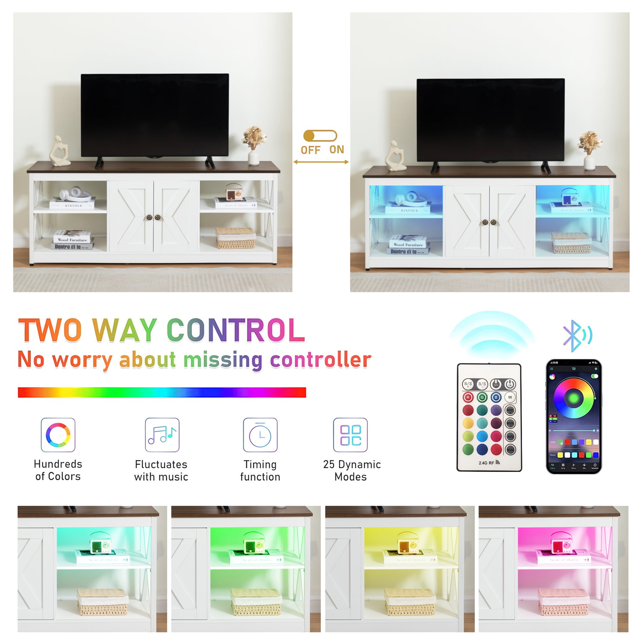 PAPROOS TV Stand for 65 Inch TV, Modern Farmhouse TV Cabinet with LED Light,  Entertainment Centre with Storage Spacefor Living Room,Brown+White