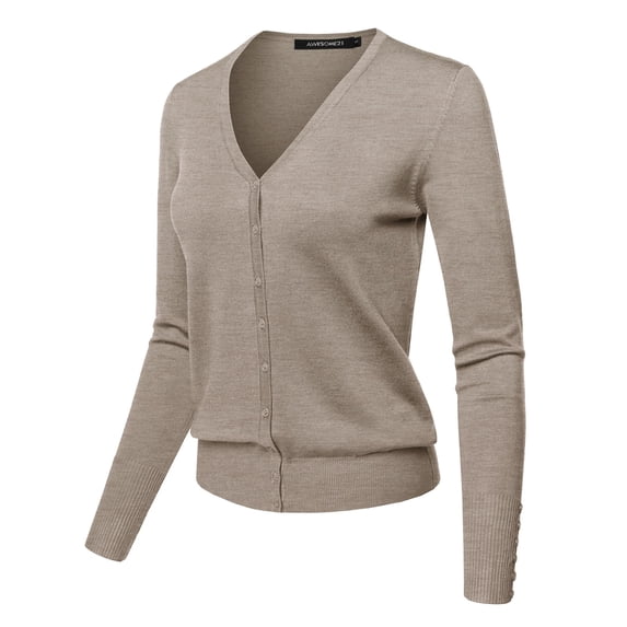 FashionOutfit Women's Light weight Solid V-Neck Button Closure Long Sleeves Sweater Cardigan