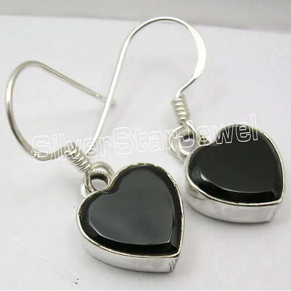 SilverStarJewel 925 Solid Silver Unseen Black Onyx Latest Style Heart Shape Earrings 1.1"