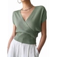 thumbnail image 2 of Gynyvoja Women'S V-Neck Wrap Front Ribbed Knit Short Sleeve Fitted Cropped Sweater Tos Gray-Green S, 2 of 7