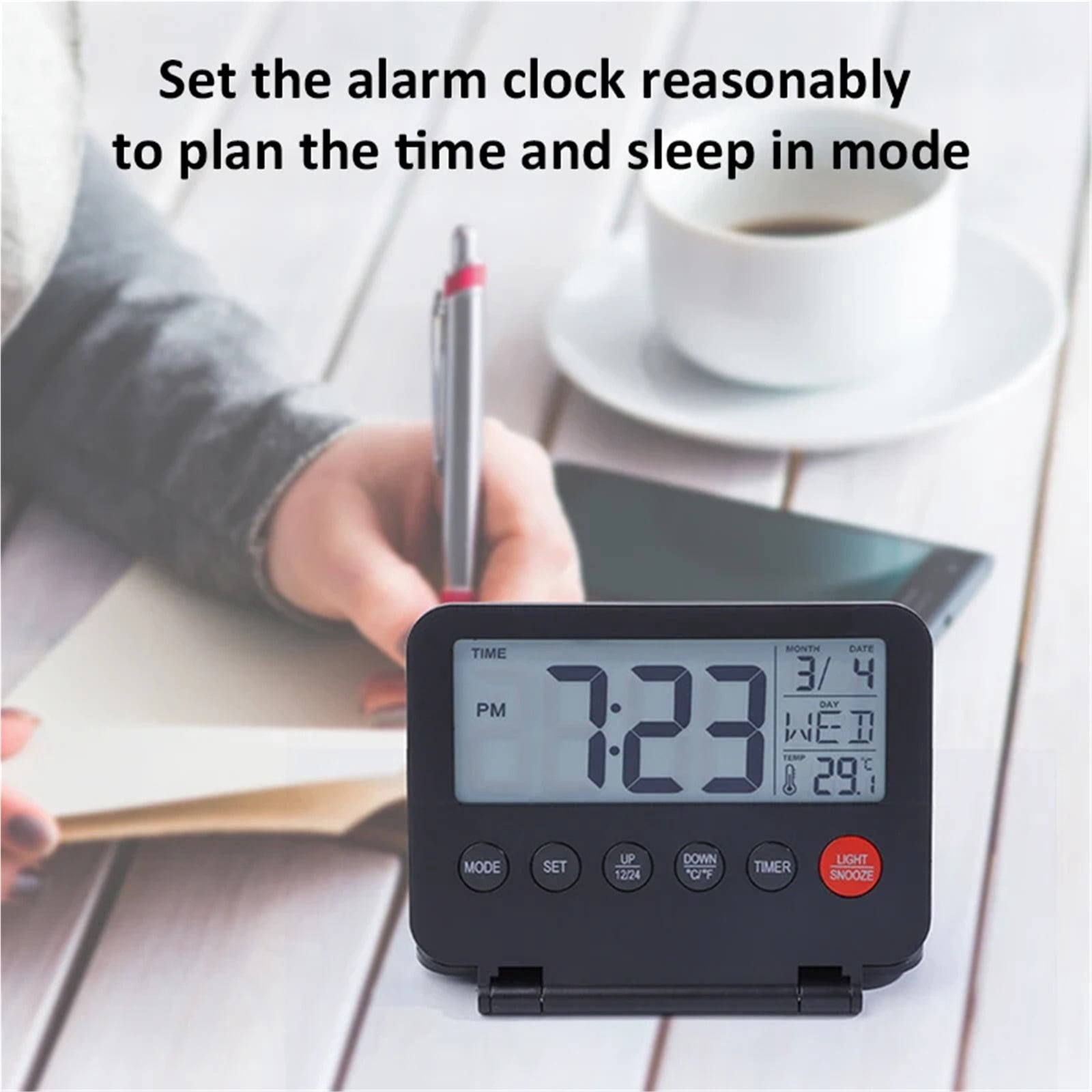 Travel Alarm Clock Ultra-thin Small Digital Clock Folding Battery Operated Alarm with Calendar/Backlight/Temp/Snooze