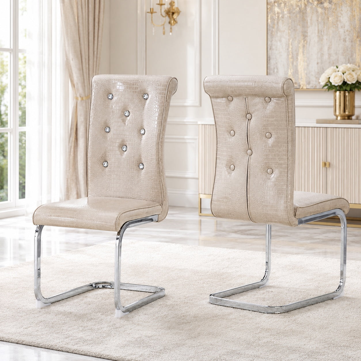 Aukfa Modern Dining Chairs Set of 2 , 400 lbs Heavy-Duty Faux Alligator Leather Kitchen Chairs with Crystal Button Tufted High Back,Beige