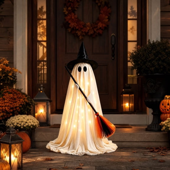 Halloween Ghost Decoration, 5.6ft Lighted Ghost Decor with Broom, Scary Decor for Porch, Lawn, White Floating Phantom Set