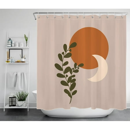 HVEST Abstract Shower Curtain for Bathroom,Minimalist Boho Sun Moon and Green Leaves Fabric Shower Curtain,Mid Century Polyester Waterproof Decor Accessories Bath Curtain with Hooks,72x78 Inches