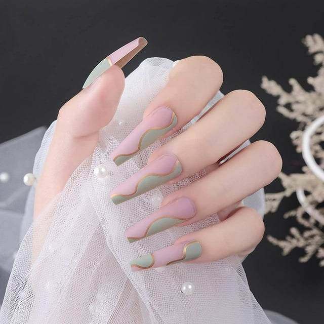 Uñas postizas mate, 24 piezas de uñas postizas de ataúd, uñas largas con clip abstracto, uñas acrílicas artificiales de bailarina para uso diario