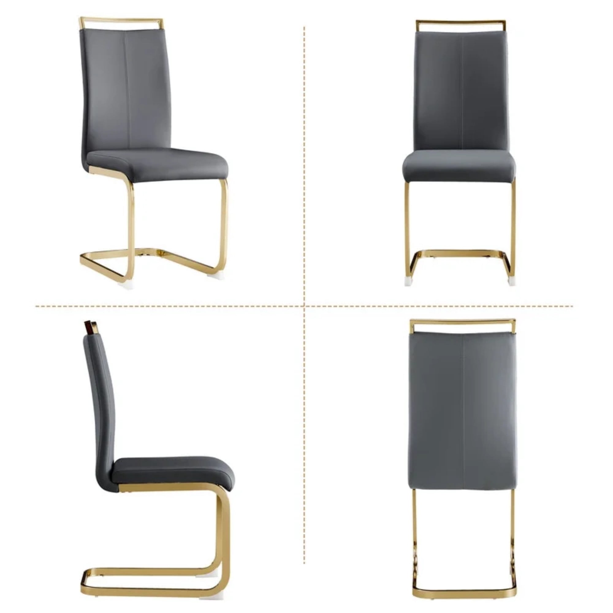SUDICA Set of 4 Gray Faux Leather Dining Chairs, High Back Design with Gold Metal Legs for Dining Room