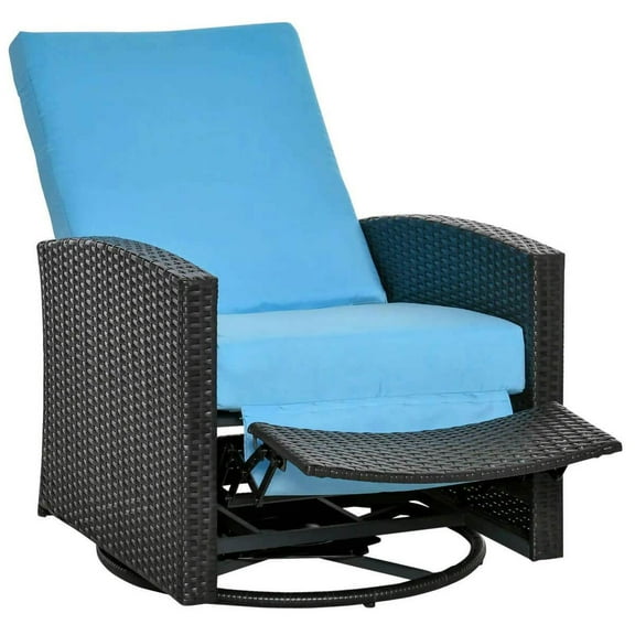 Spaco Outdoor Wicker Swivel Recliner Chair with Reclining Backrest and Lifting Footrest, 360° Rotating Basic Chair with Water Resistant Cushions for Outdoor, Light Blue
