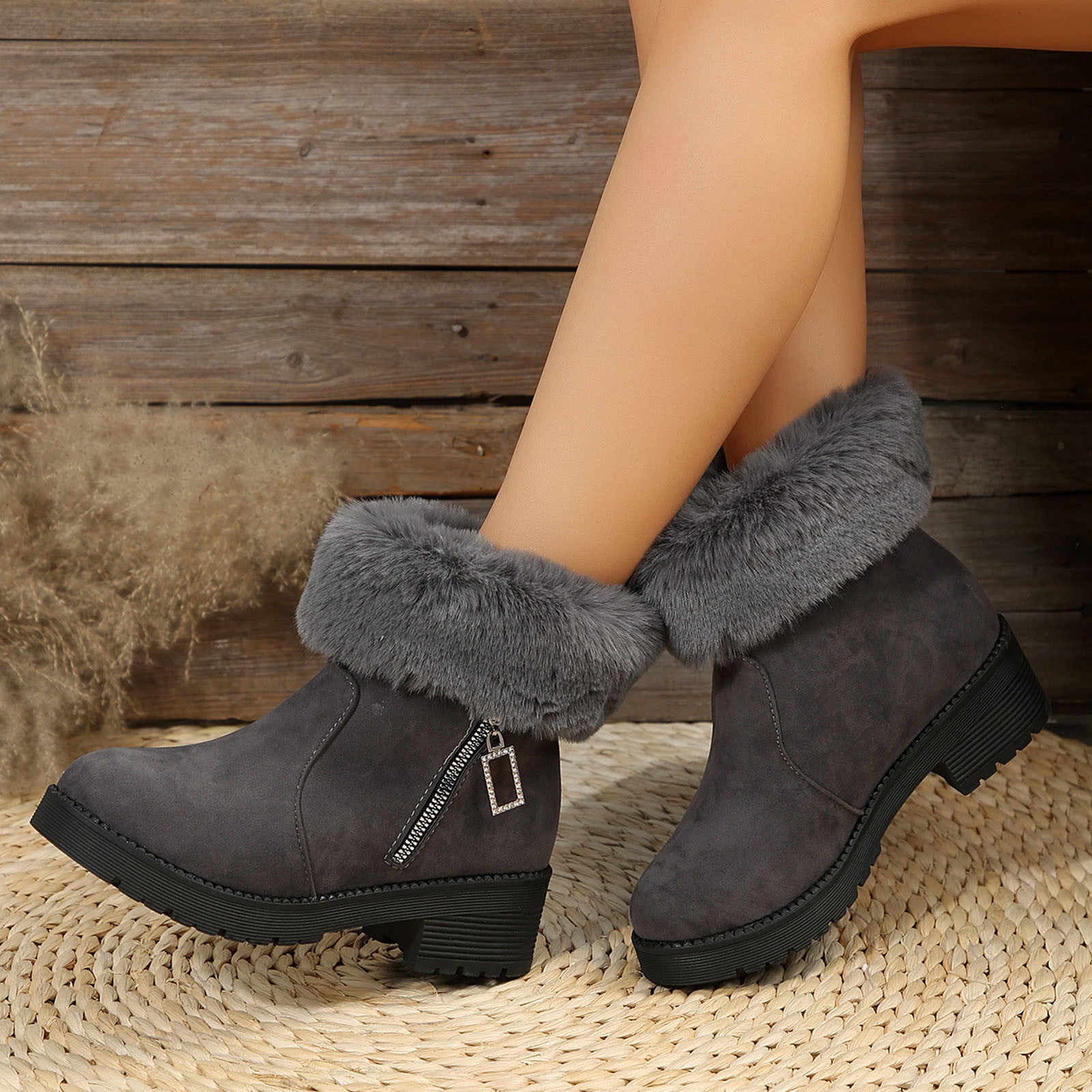 LSLJS Women's Big Size Winter Fashion Furry Mouth Thick Heel and