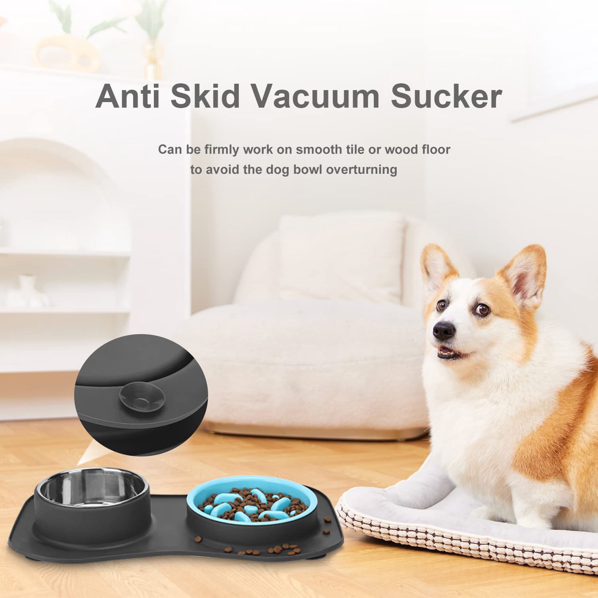 Slow Feeder Dog Bowl Set, 3 in 1 Stainless Steel and Water Bowls with Non Slip Silicone Mat, Slow Eating Solution for Large Medium Small Dogs and Cats to Preent Choking and Bloating, Black