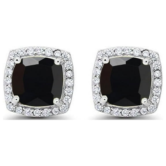14k White Gold 1 Ct Created Halo Princess Cut Black Sapphire Stud Earrings Plated by Paris Jewelry