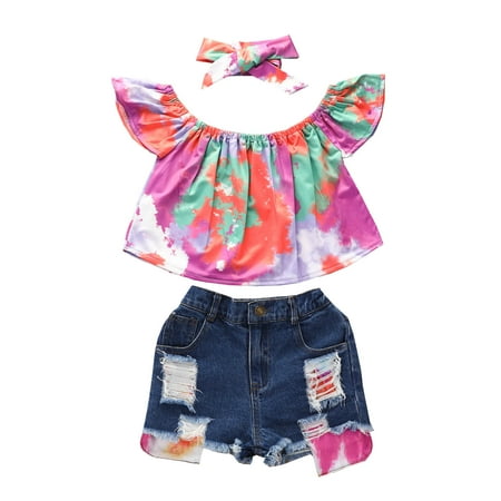 

YWDJ 2-6years Girls 2 Piece Outfit Set Summer Top +hot Pants Denim Shorts + Headband Three-piece Suit Multicolor 90