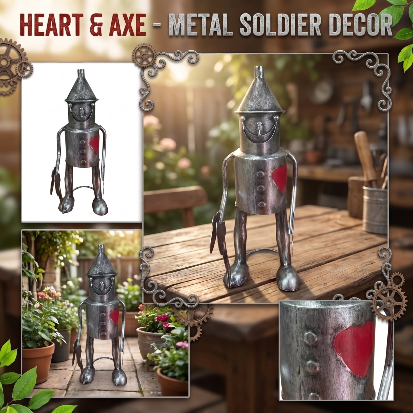Tin Woodsman Tin Man Metal Garden Statue, Whimsical Metal Yard Art Sculptures Tinman Figure, Weather Resistant Sculptures for Porch Patio Yard