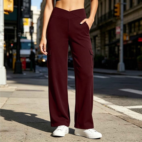 tarylea Yoga Pants for Women Straight Leg Crossfront High Waist Cargo Pants Casual Loose Stretch Athletic Pants with Multi Pockets(XL,Wine)