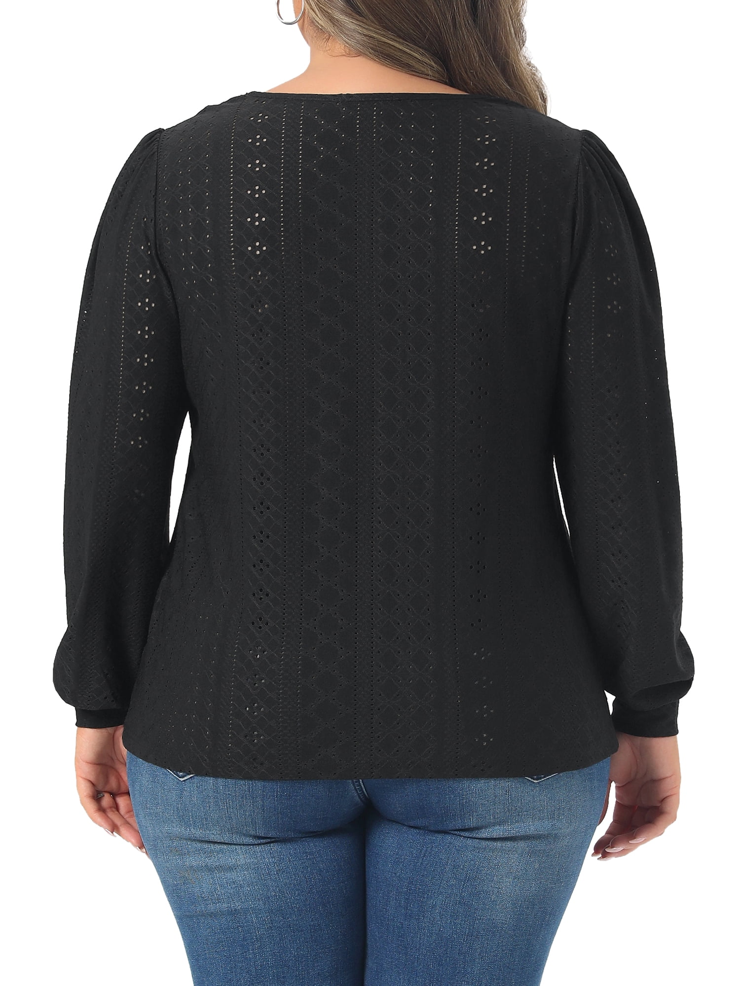 DARING DIVA Women's Plus Square Neck Hollow Dressy Casual Eyelet Shirts 4X Black