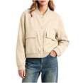 thumbnail image 5 of Jacket Women Short Cropped Jacket Button Down Long Sleeve Casual Varsity Jackets with Pockets Khaki L(L), 5 of 9