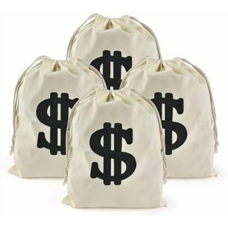 Canvas Money Bag 4PCS Pouch with Drawstring Dollar Sign Carrying Sack Costume Props Canvas Coin Bag for Toy Party Favor, Pirate Cowboy Cosplay Theme Party(11.8 x 15.7 Inch)