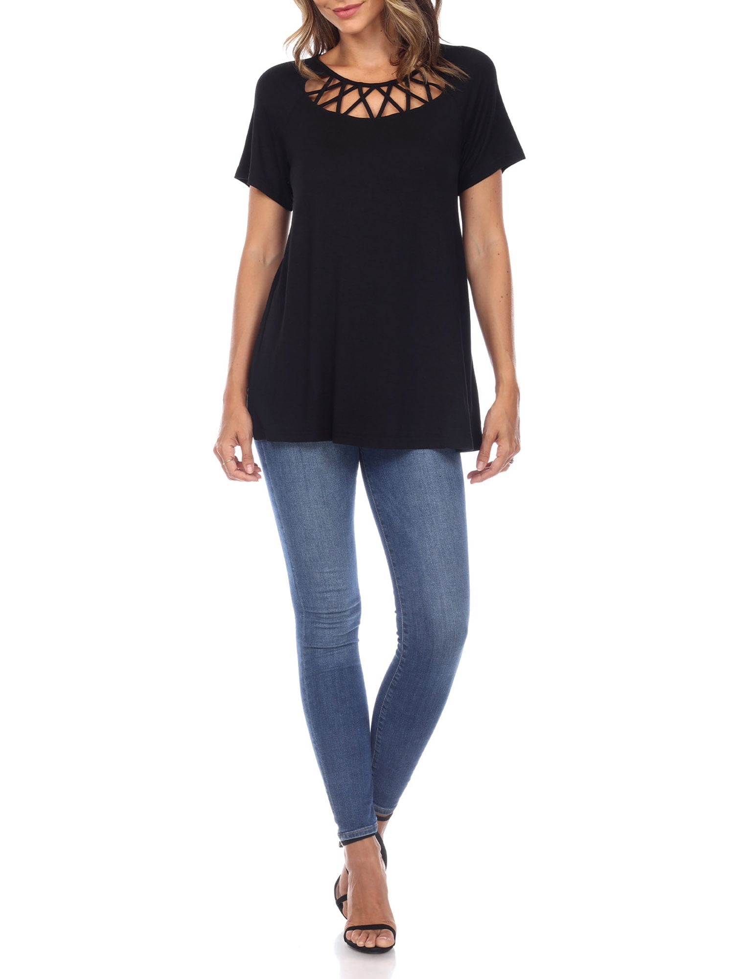 White Mark Women's Crisscross Neck Short Sleeve Top
