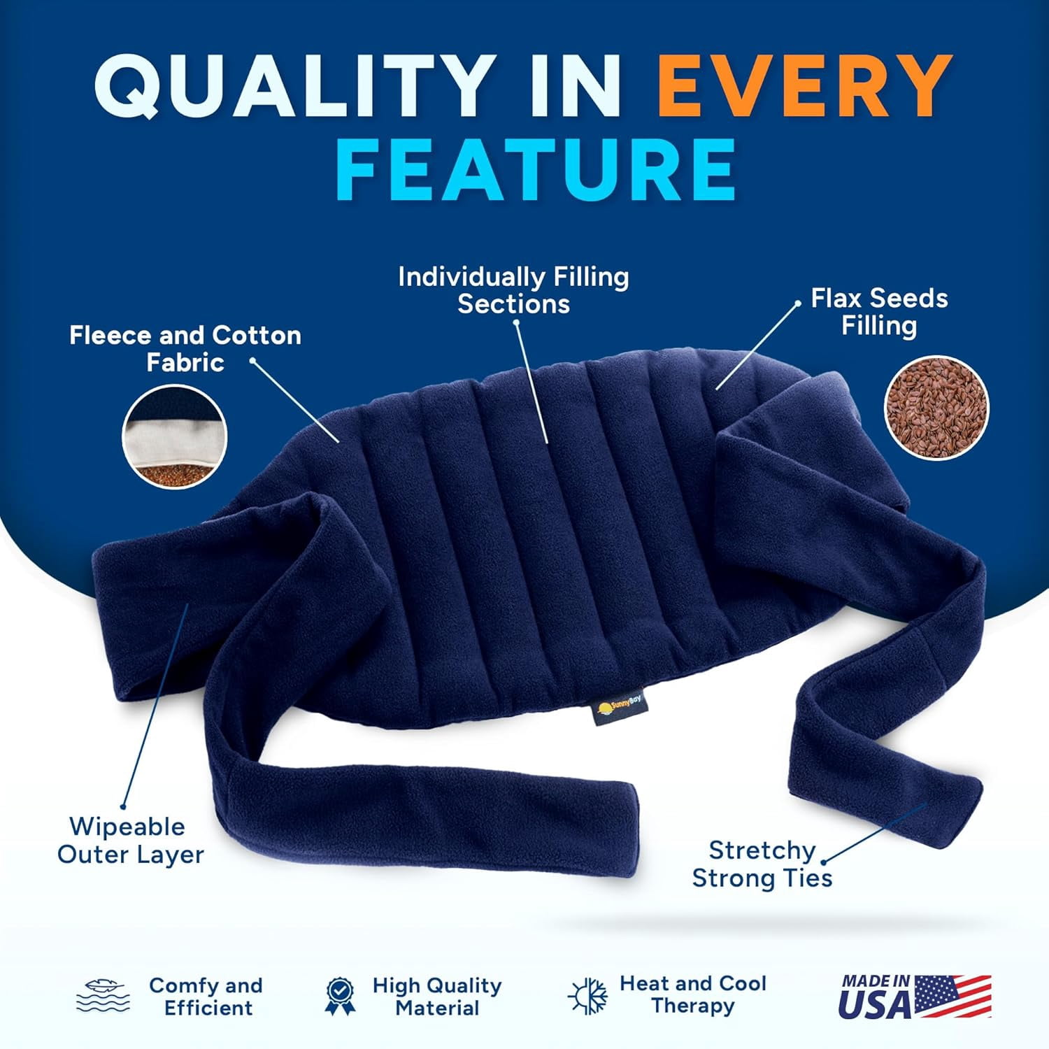 SunnyBay Microwave Heating Pad 10x18 Inches Large Heating Area with Fastening Straps 58 Inches, Microwavable Moist Hot or Cool Bean Bag Wrap for Neck, Shoulder, Knee, or Back Pain, 2.8 Lbs, Navy Blue