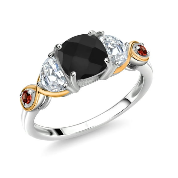 Gem Stone King 925 Silver and 10K Yellow Gold 3-Stone Ring Cushion Onyx Half Moon Moissanite (1.61 Carat Cttw) (Size 5)
