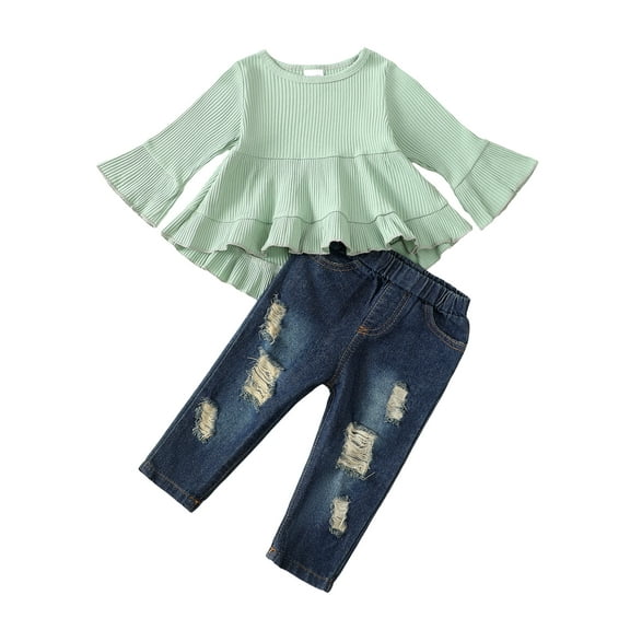 KIMI BEAR 3T Toddler Girls Pant Sets 4T Toddler Girls Fall Winter Outfits Flared Long Sleeves Top Solid Shirt Top   Ripped Denim Pants 2pcs Sets Green