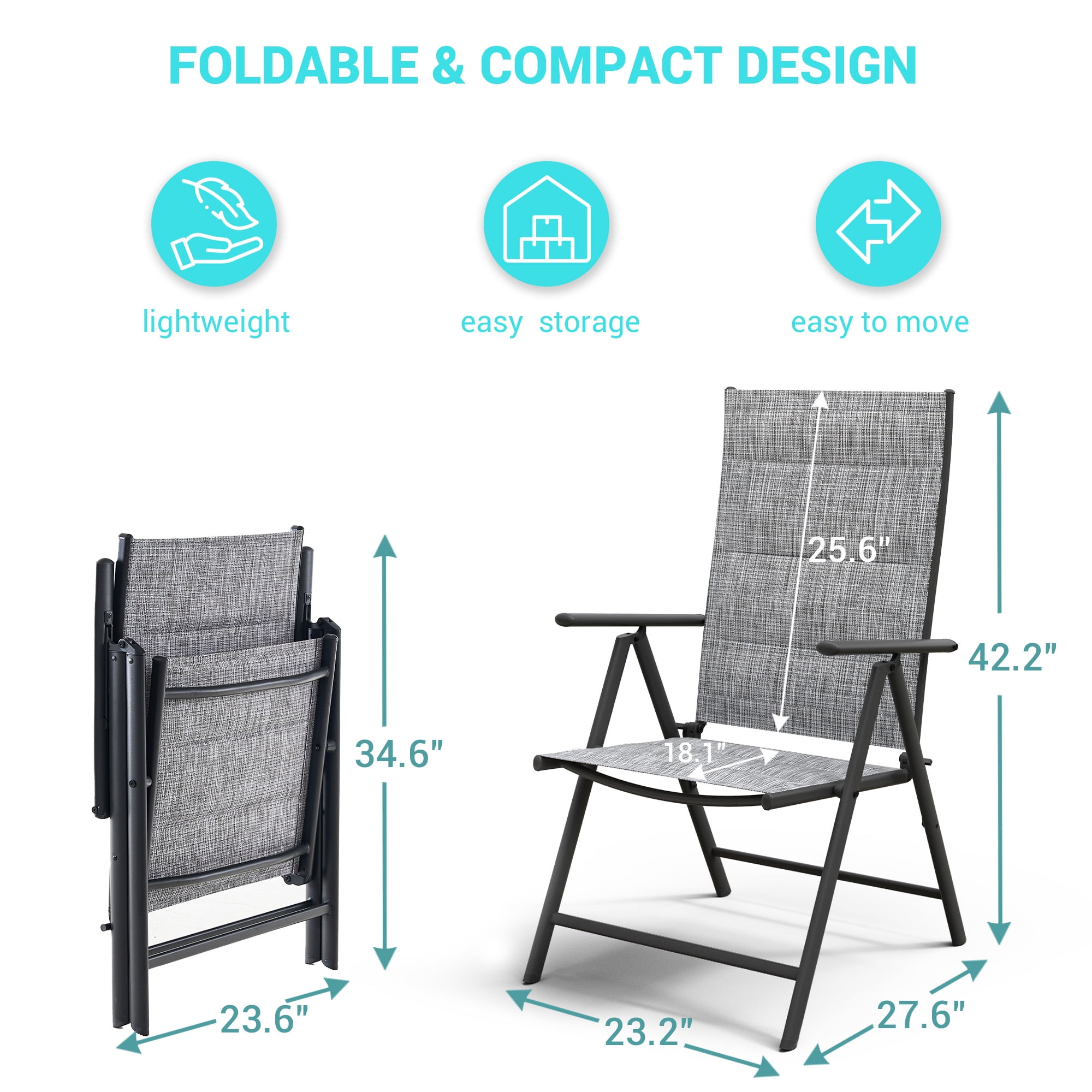 ELPOSUN Outdoor Folding Dining Chairs Set of 2, Folding Lawn Chairs for Adults with Padded Breathable Textilene, Portable Folding Chairs for Outside, No Assembly, Grey White