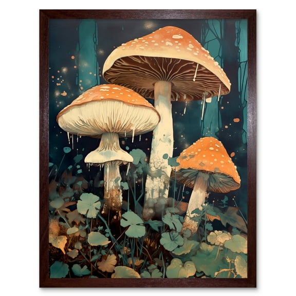 Mushroom Fungi Watercolour Painting Magical Forest Pastel Clover Field Kitchen Art Print Framed Poster Wall Decor 12x16 inch