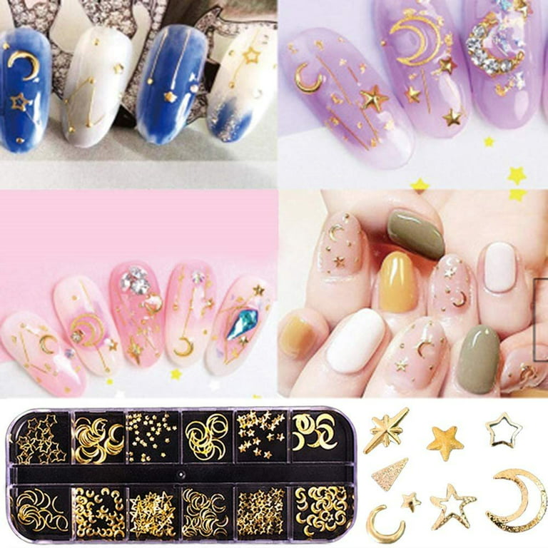 WEILUSI Nail Art Studs 3D Summer Metal Nail Charms Sparkle Gold Silver Metal  Nail Studs Jewels Mix Shapes Star Moon Shell Starfish Feathers Rivet DIY Nail  Art Decorations Manicure Kit with Tweezers