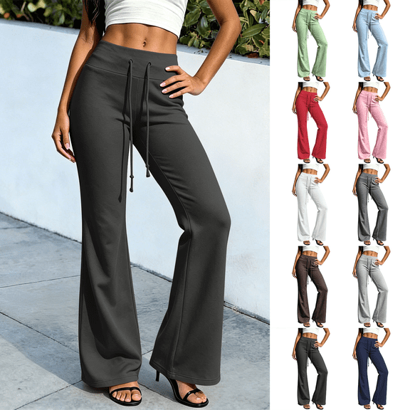 Sweatpants for Womens Flare Leggings Solid High Waist Yoga Pants 4 Way Stretch Casual Pant with Drawstring