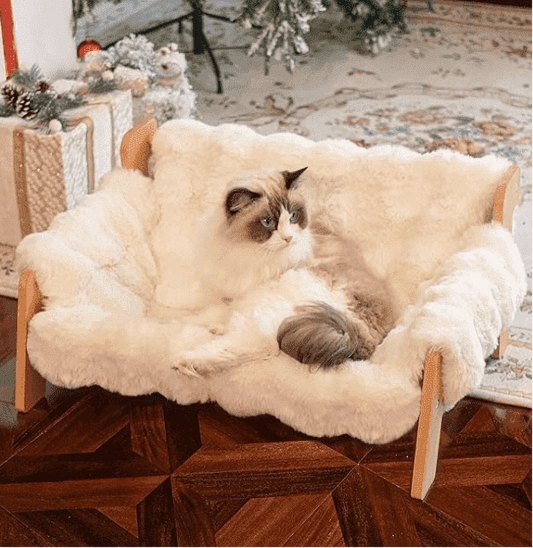 CheerPals Raised Cat Bed, Elevated Wooden Cats Sofa Fluffy Pets Lounge Chair, off-White(27.2"X18.6"X11.8)