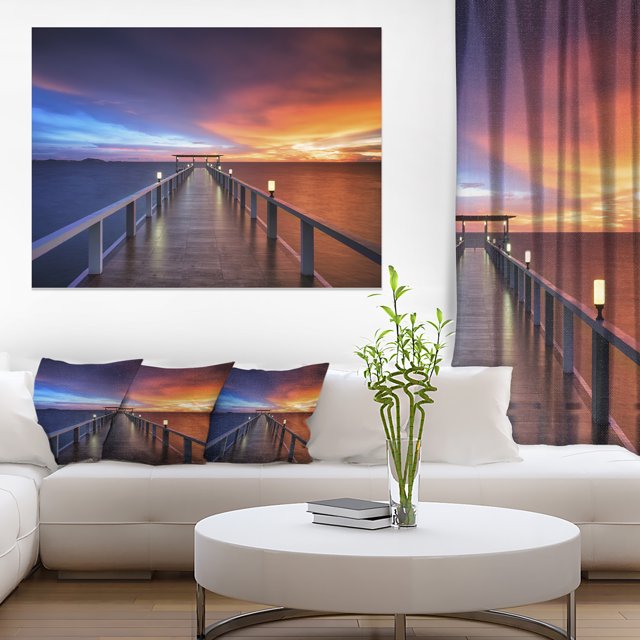 Picturesque Seashore with Long Pier - Pier Seascape Canvas Art Print