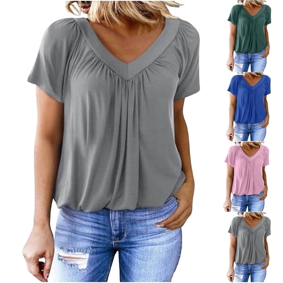 Naotn Ruched V-Neck Tops for Women Summer Casual Solid Color Short Sleeve Blouses Trendy Holiday Beach Shirts