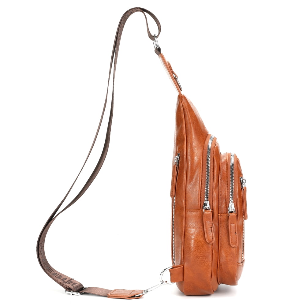 LEBULLBRO Sling Bag for Men Soft Leather Chest Bag Crossbody Backpack Travel Hiking Outdoor Sports Light Brown