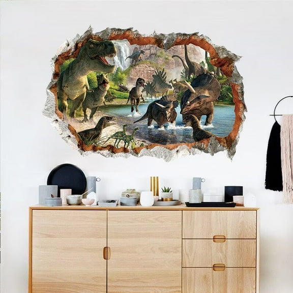 3D Dinosaurs Simulation Crack Hole Stickers Self-Adhesive DIY Peel and Stick Wall Decal Mural Living Room Bedroom Kids' Room Nursery Decor Playroom Decor