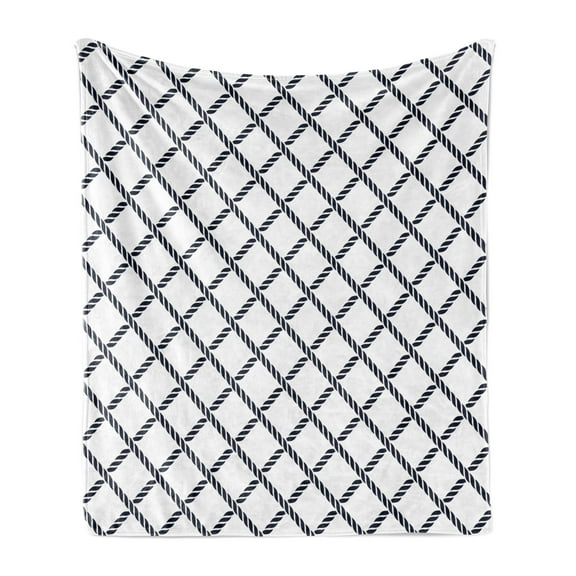 Geometric Soft Flannel Fleece Blanket, Checkered Rope Pattern Maritime Themed Fish Net Shape Nautical Inspirations, Cozy Plush for Indoor and Outdoor Use, 50" x 60", Dark Blue White, by Ambesonne