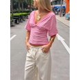 thumbnail image 6 of Gynyvoja Women'S Reversible V-Neck Short Sleeve Striped Fitted Cropped T-Shirt Pink S, 6 of 9