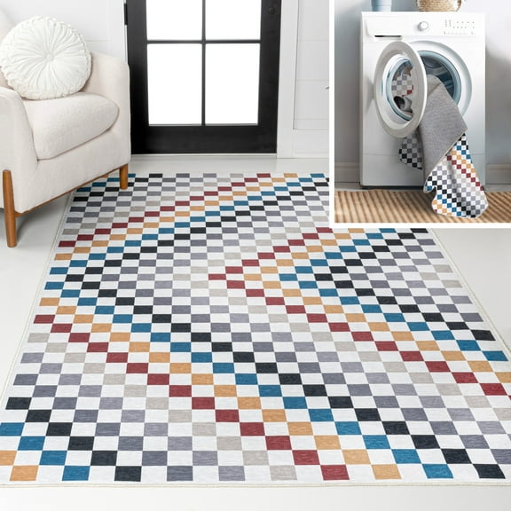 JONATHAN Y WASHABLE 3 x 5 Area Rug, Ainsley Cottage Checkerboard Washable - Multi-Colored, WSH126D-3