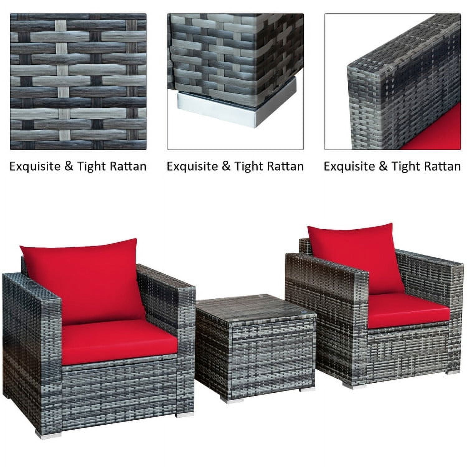 Aimee Lii 3 Pcs Patio Rattan Furniture Bistro Sofa Set with Cushioned, Modern Patio Furniture, Red Aimee Lii 3 Pcs Patio Rattan Furniture Bistro Sofa Set with Cushioned, Modern Patio Furniture, Red