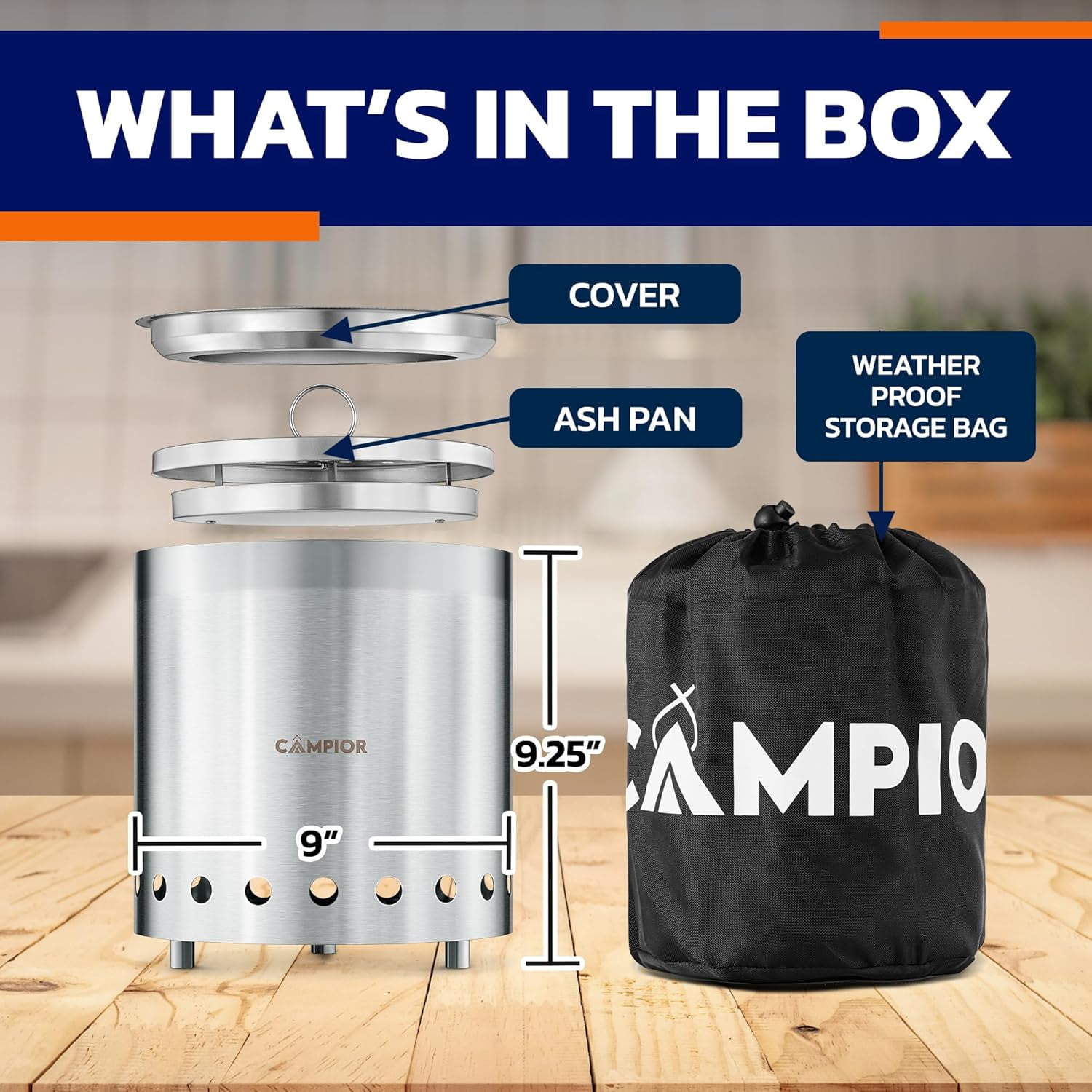 Campior Smokeless Wood Burning Fire Pit Stove, Stainless Steel with Ash Pan, Stand & Carry Bag - 9 Inch Silver
