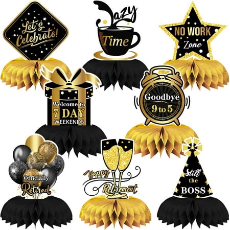 8pcs Retirement Party Black and Gold Honeycomb Centerpieces Farewell Table Toppers Decorations