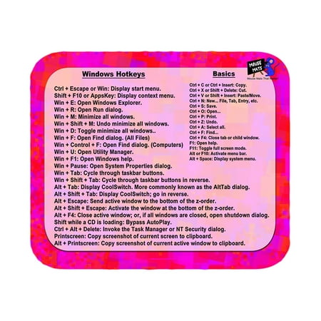 Windows Hotkey/ Keyboard Shortcut Cheat Sheet Sublimated Mouse Pad (Pink), Dimensions: 9.25 Wide, 8 Tall, .25 Thick By Mouse (Best Windows 8 Shortcuts)