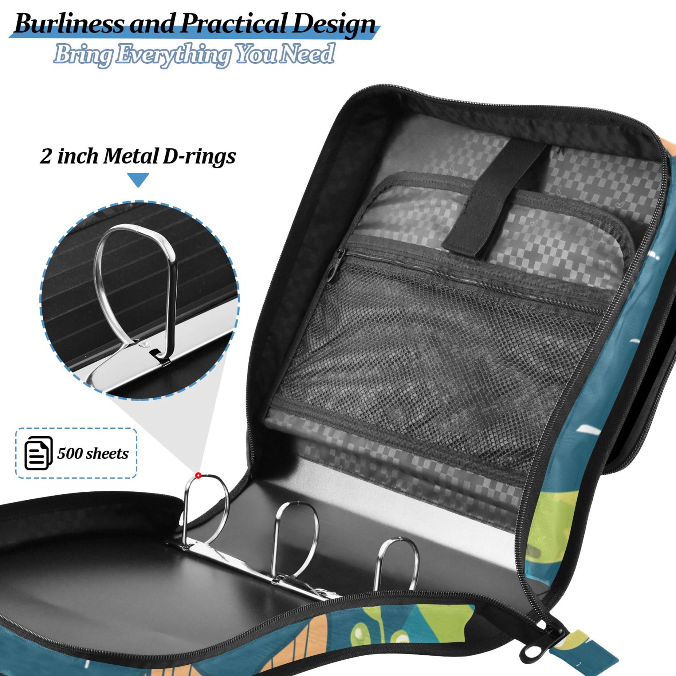 3 Ring Zipper Binder with Shoulder Strap Waterproof Trapper Keeper 2 Inch D-Ring 500 Sheets Capacity Hello Summer Seahorses